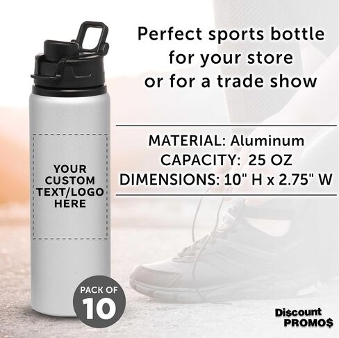 DISCOUNT PROMOS Custom Aluminum Water Bottles Snap Lids 25 oz. Set of 10/50/100 Personalized Bulk Pack Reusable for Gym Hiking Cycling School - Charcoal in Kuwait