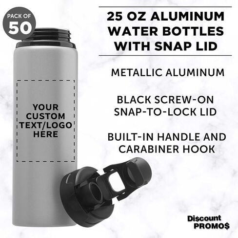 DISCOUNT PROMOS Custom Aluminum Water Bottles Snap Lids 25 oz. Set of 10/50/100 Personalized Bulk Pack Reusable for Gym Hiking Cycling School - Charcoal in Kuwait