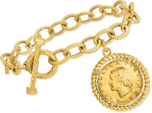 Ross-Simons Italian 18kt Gold Over Sterling Replica Lira Coin and Oval-Link Toggle Bracelet in Saudi Arabia