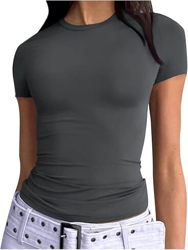 Basic Slim Fit Short Sleeve Tops Womens Summer 2025 Crew Neck Tops Fashion Basic Tee Shirts Casual Going Out Top in Saudi Arabia