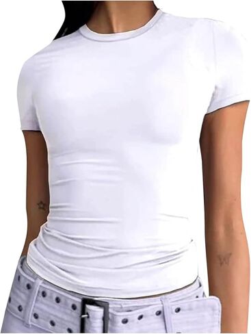 Basic Slim Fit Short Sleeve Tops Womens Summer 2025 Crew Neck Tops Fashion Basic Tee Shirts Casual Going Out Top in Saudi Arabia