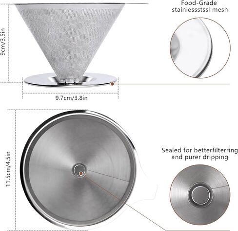 Pour Over Coffee Dripper, Fine Mesh Double Layer Metal Cone Filter Stainless Steel Coffee Filter, Slow Drip Reusable Coffee Filter Single Cup Coffee Maker 1-4 Cup in Saudi Arabia