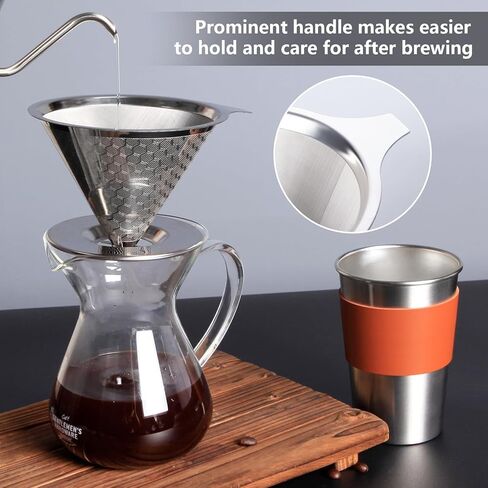 Pour Over Coffee Dripper, Fine Mesh Double Layer Metal Cone Filter Stainless Steel Coffee Filter, Slow Drip Reusable Coffee Filter Single Cup Coffee Maker 1-4 Cup in Saudi Arabia