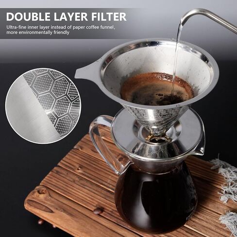 Pour Over Coffee Dripper, Fine Mesh Double Layer Metal Cone Filter Stainless Steel Coffee Filter, Slow Drip Reusable Coffee Filter Single Cup Coffee Maker 1-4 Cup in Saudi Arabia