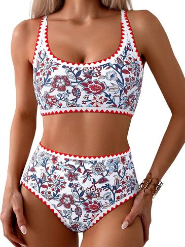 MOOSLOVER Women Boho Floral Whip Stitch Bikini Sets Crop High Waisted 2 Piece Swimsuit Modest Bathing Suit in Saudi Arabia