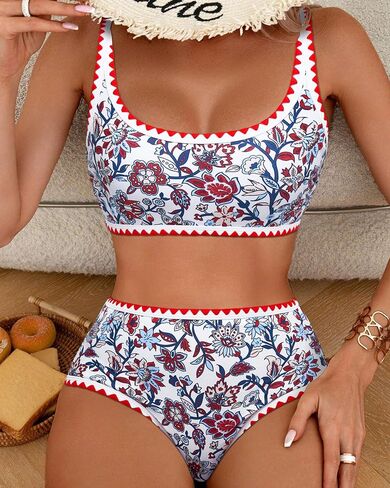 MOOSLOVER Women Boho Floral Whip Stitch Bikini Sets Crop High Waisted 2 Piece Swimsuit Modest Bathing Suit in Saudi Arabia