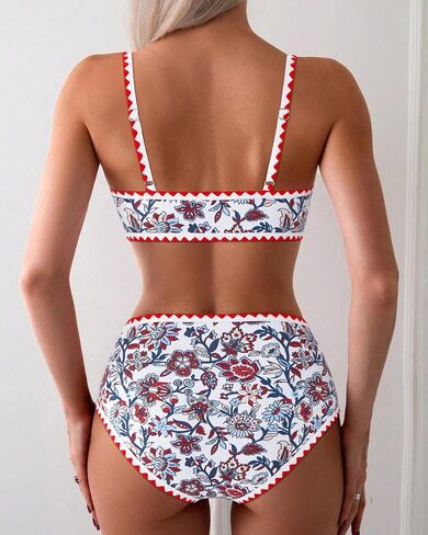 MOOSLOVER Women Boho Floral Whip Stitch Bikini Sets Crop High Waisted 2 Piece Swimsuit Modest Bathing Suit in Saudi Arabia