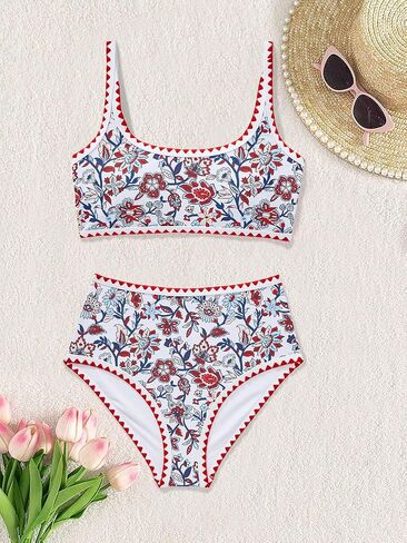 MOOSLOVER Women Boho Floral Whip Stitch Bikini Sets Crop High Waisted 2 Piece Swimsuit Modest Bathing Suit in Saudi Arabia