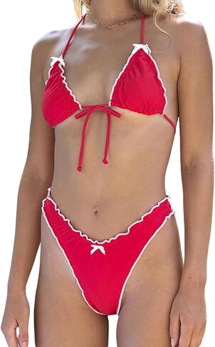 Women Y2k Bikini Sets Cute Halter Tie up Top Ruffle Triangle Swimsuit Bathing Suit in Saudi Arabia
