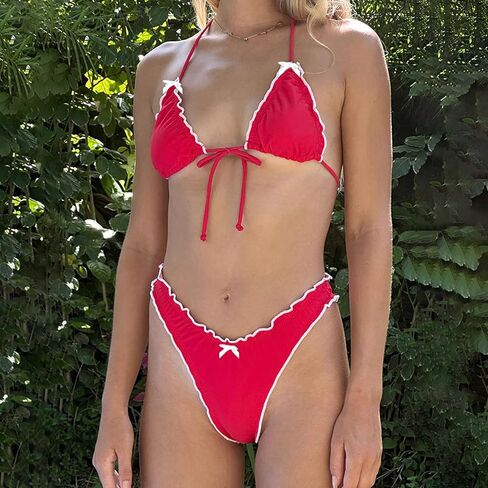 Women Y2k Bikini Sets Cute Halter Tie up Top Ruffle Triangle Swimsuit Bathing Suit in Saudi Arabia