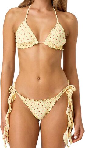 Women Y2k Bikini Sets Cute Halter Tie up Top Ruffle Triangle Swimsuit Bathing Suit in Saudi Arabia
