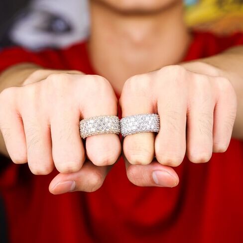 14K Gold Three-Row Densely Set Mossanite Ring, Hip-Hop Style Couple Rings, Celebrate Your Bond with Sparkling Style in Saudi Arabia