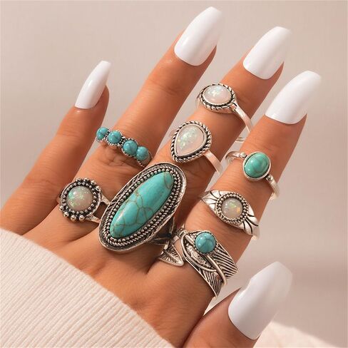 Vintage Turquoise Ring Set for Women,Bohemian Colorful Joint Knuckle Ring Chunky Oval Gemstone Stackable Rings Crystal Midi Finger Rings Country Concert Outfits Accessorie in Kuwait