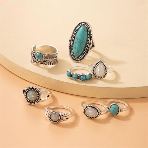 Vintage Turquoise Ring Set for Women,Bohemian Colorful Joint Knuckle Ring Chunky Oval Gemstone Stackable Rings Crystal Midi Finger Rings Country Concert Outfits Accessorie in Kuwait