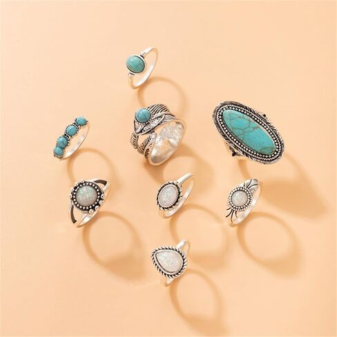 Vintage Turquoise Ring Set for Women,Bohemian Colorful Joint Knuckle Ring Chunky Oval Gemstone Stackable Rings Crystal Midi Finger Rings Country Concert Outfits Accessorie in Kuwait