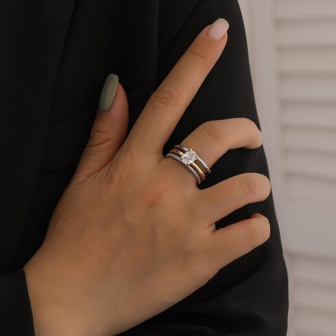 14k Gold Silver Plated Stackable Rings for Women Minimalist Moissanite Cubic Zirconia Dainty Mixed Metal Two Tone Gemstone Stacked Diamond Rings Set Non Tarnish Statement Knuckle Jewelry in Kuwait