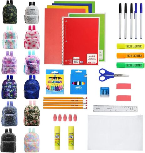 12-Pack 17" Sport Backpacks with 52 Piece School Supplies Kits - Pens, Pencils, Crayons – Bulk Bundle for Elementary, Middle, and High School Students, 12 Assorted Styles in Kuwait