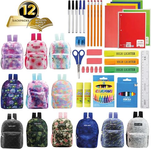 12-Pack 17" Sport Backpacks with 52 Piece School Supplies Kits - Pens, Pencils, Crayons – Bulk Bundle for Elementary, Middle, and High School Students, 12 Assorted Styles in Kuwait
