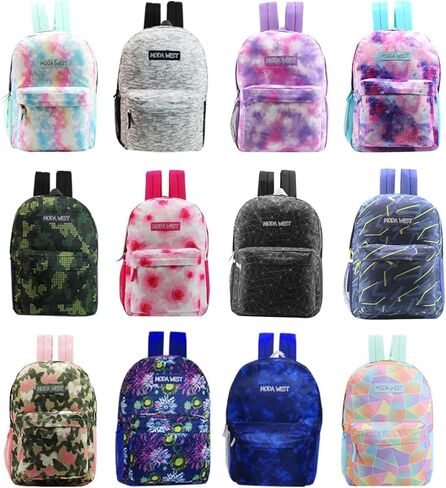 12-Pack 17" Sport Backpacks with 52 Piece School Supplies Kits - Pens, Pencils, Crayons – Bulk Bundle for Elementary, Middle, and High School Students, 12 Assorted Styles in Kuwait