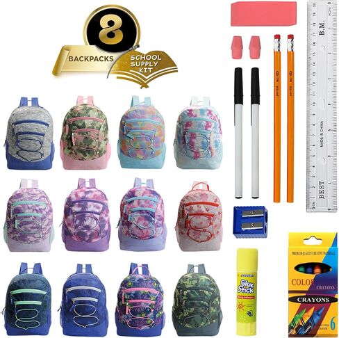 12-Pack 17" Sport Backpacks with 52 Piece School Supplies Kits - Pens, Pencils, Crayons – Bulk Bundle for Elementary, Middle, and High School Students, 12 Assorted Styles in Kuwait