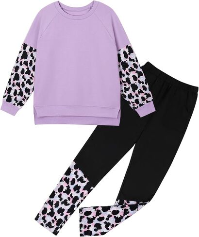 Kids Girls Clothes Long Sleeve Leopard Print Sweatshirts and Legging Pant Girls' Pants Set Fall Winter Outfit Set 6-14T in Kuwait
