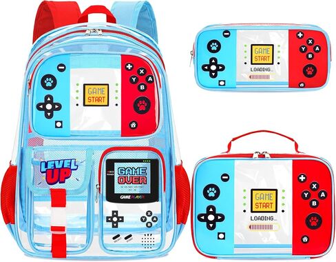 3Pcs Clear Backpack for Boys, Gamer Heavy Duty Clear Bookbag for Boys, Transparent See Through Backpack with Lunch Bag for School Stadium Events in Saudi Arabia