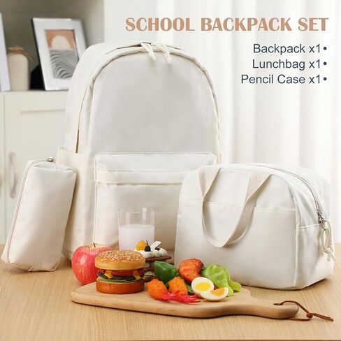 Cunno 3 PCS School Backpack for Teen Girls Cofbags Lightweight Box With With Box و Pencil Case College Bookbag Propag Backpacks Daypacks for Girls Teen (Cream White) in Saudi Arabia