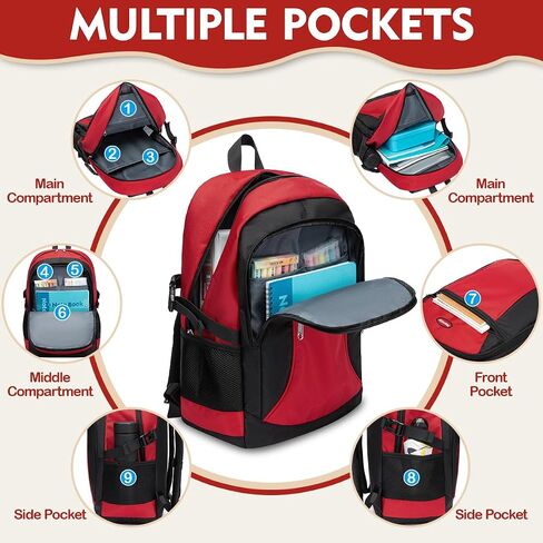 Kids Backpack for Big Boys Bookbag Middle Junior High College Student Back to School Teen Teenage Youth Schoolbag Ages 8-12 10-12 12-14 Years Old Mochilas Escolares Para Adolescentes Large 18 Inch Red in Saudi Arabia