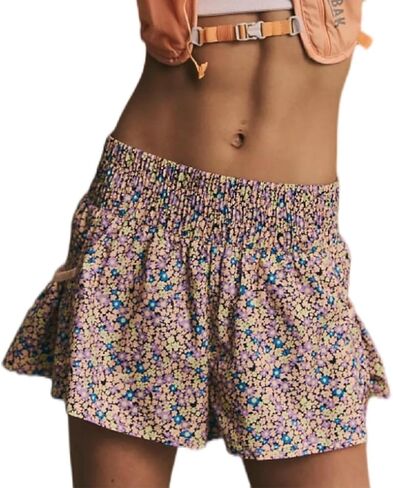 UAURORAO Women Flowy Athletic Shorts High Waisted Boho Floral Ruffle Running Workout Shorts Smocked Shorts with Pockets in Saudi Arabia