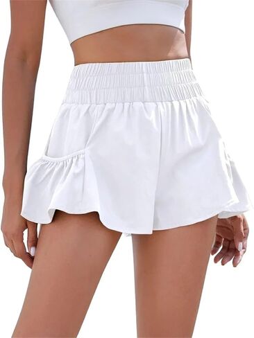 UAURORAO Women Flowy Athletic Shorts High Waisted Boho Floral Ruffle Running Workout Shorts Smocked Shorts with Pockets in Saudi Arabia