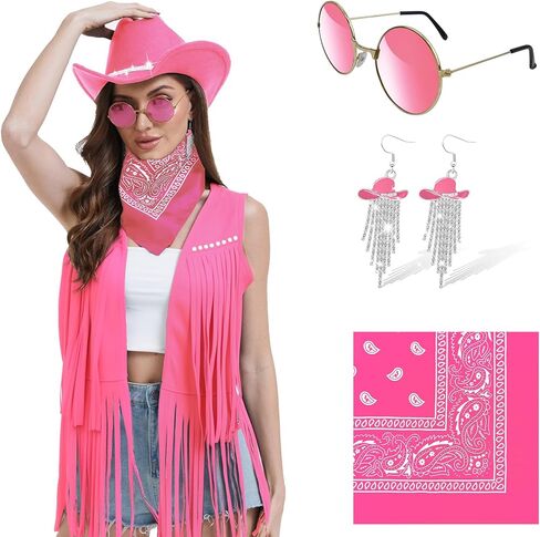 FunMular Western Outfit for Women Cowgirl Outfit Costume Accessories Cowboy Hat Fringe Vest Earring Bandana for Halloween in Kuwait