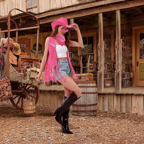 FunMular Western Outfit for Women Cowgirl Outfit Costume Accessories Cowboy Hat Fringe Vest Earring Bandana for Halloween in Kuwait