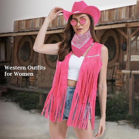 FunMular Western Outfit for Women Cowgirl Outfit Costume Accessories Cowboy Hat Fringe Vest Earring Bandana for Halloween in Kuwait