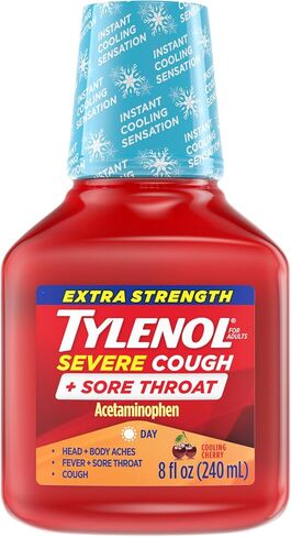 Tylenol Extra Strength Severe Cough + Sore Throat Daytime, Multi Symptom Cold Relief Liquid, Acetaminophen Pain Reliever & Dextromethorphan HBr Cough Suppressant, Cooling Cherry, 8 fl. oz in Saudi Arabia