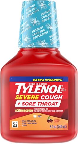Tylenol Extra Strength Severe Cough + Sore Throat Daytime, Multi Symptom Cold Relief Liquid, Acetaminophen Pain Reliever & Dextromethorphan HBr Cough Suppressant, Cooling Cherry, 8 fl. oz in Saudi Arabia