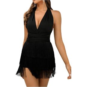 MakeMeChic Women's Deep V Neck Sleeveless Bodycon Romper Halter Fringe Hem Backless Rompers in Kuwait