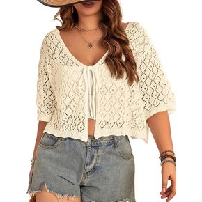 Women's Plus Size Crochet Cardigan Crop Short Sleeves Tie Front Lightweight Knitwear in Kuwait