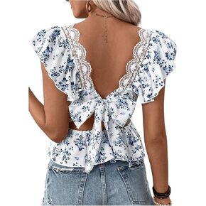 SweatyRocks Women's Floral Printed Lace Blouses Tie Back Ruffle Sleeve Square Neck Peplum Tops in Kuwait