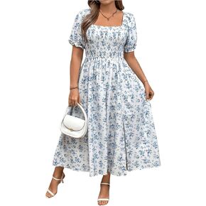 Verdusa Women's Plus Size Boho Floral Long Dress Square Neck Shirred Flowy Wedding Guest Dresses in Saudi Arabia