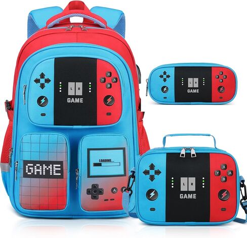 Gamer Backpack for Boys , 3PCS Boys Backpack with Lunch Box & Pencil Pouch, Waterproof School Bags for Boy Kids Children Teens, Elementary Middle School, Kids Book Bag Casual Daypack (Red Black) in Kuwait
