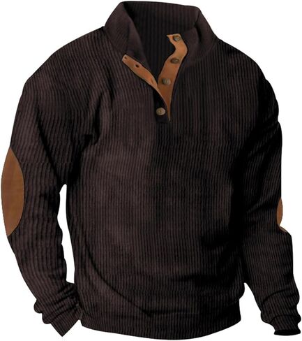 Mens Corduroy Sweatshirt Button Henley Neck Pullover Casual Long Sleeve Stand Collar Shirt in Saudi Arabia