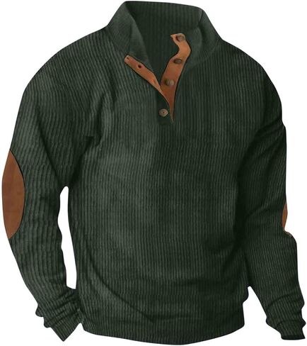 Mens Corduroy Sweatshirt Button Henley Neck Pullover Casual Long Sleeve Stand Collar Shirt in Saudi Arabia