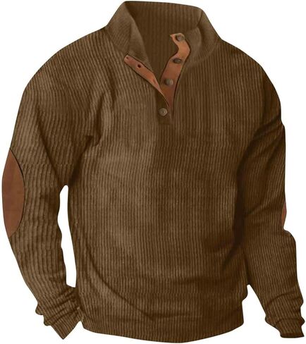Mens Corduroy Sweatshirt Button Henley Neck Pullover Casual Long Sleeve Stand Collar Shirt in Saudi Arabia