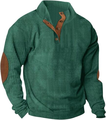 Mens Corduroy Sweatshirt Button Henley Neck Pullover Casual Long Sleeve Stand Collar Shirt in Saudi Arabia