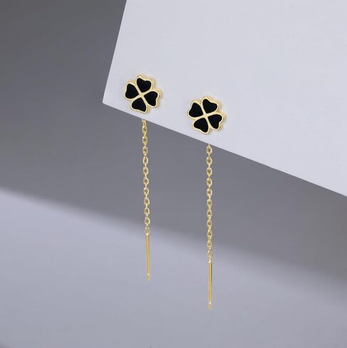 Reffeer Solid 925 Sterling Silver Leaf Clover Dangle Earrings Chain for Women Teen Girls Black Leaf Tassel Drop Earrings Threader in Saudi Arabia