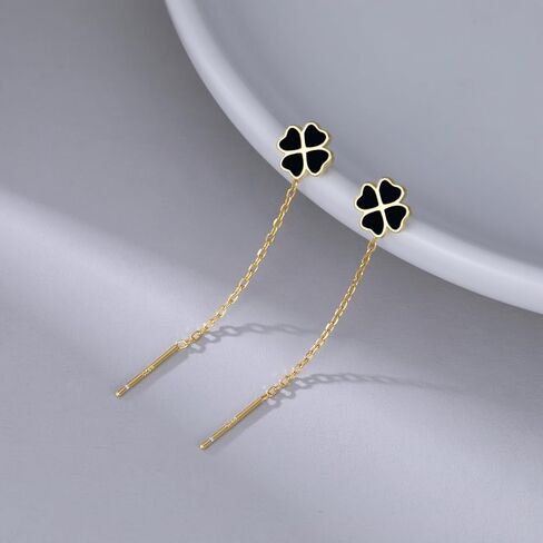 Reffeer Solid 925 Sterling Silver Leaf Clover Dangle Earrings Chain for Women Teen Girls Black Leaf Tassel Drop Earrings Threader in Saudi Arabia