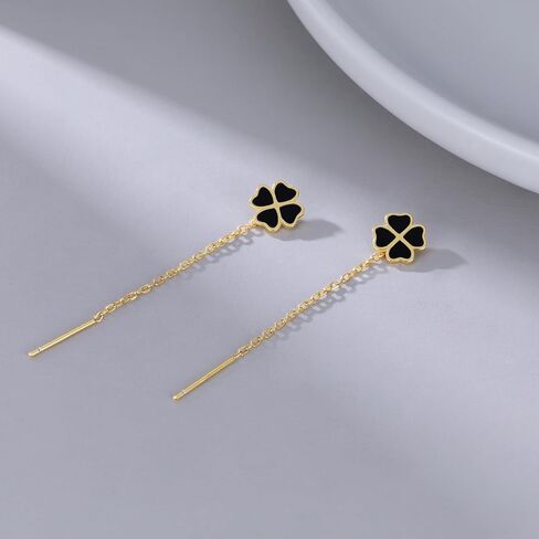 Reffeer Solid 925 Sterling Silver Leaf Clover Dangle Earrings Chain for Women Teen Girls Black Leaf Tassel Drop Earrings Threader in Saudi Arabia