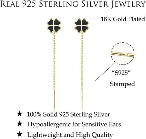 Reffeer Solid 925 Sterling Silver Leaf Clover Dangle Earrings Chain for Women Teen Girls Black Leaf Tassel Drop Earrings Threader in Saudi Arabia