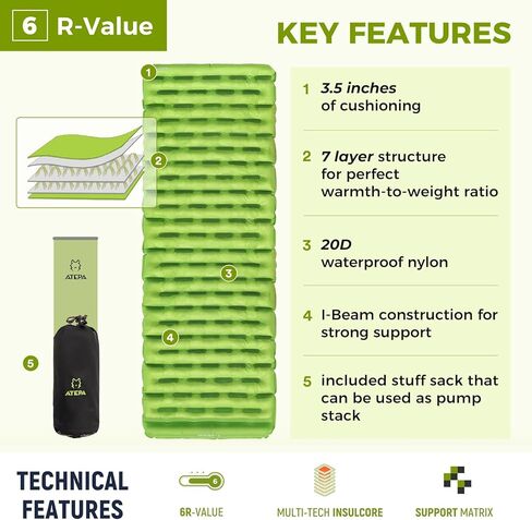 ATEPA Insulated Sleeping Pad 6 R-Value Ultralight Backpacking Sleeping Pad for Hiking Camping (1.3lbs) inflatable sleeping pad for adults, Compact Thick Camping Mattress pad in Kuwait