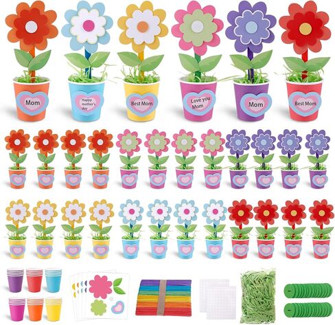 32 Set Mother's Day Flower Bouquet Craft Kit-Mother's Day Kids DIY Flower Bouquet Paper Crafts Make Your Own Flower Bouquet for Party Activities School Mom Teacher Appreciation Week Valentine Gift in Kuwait